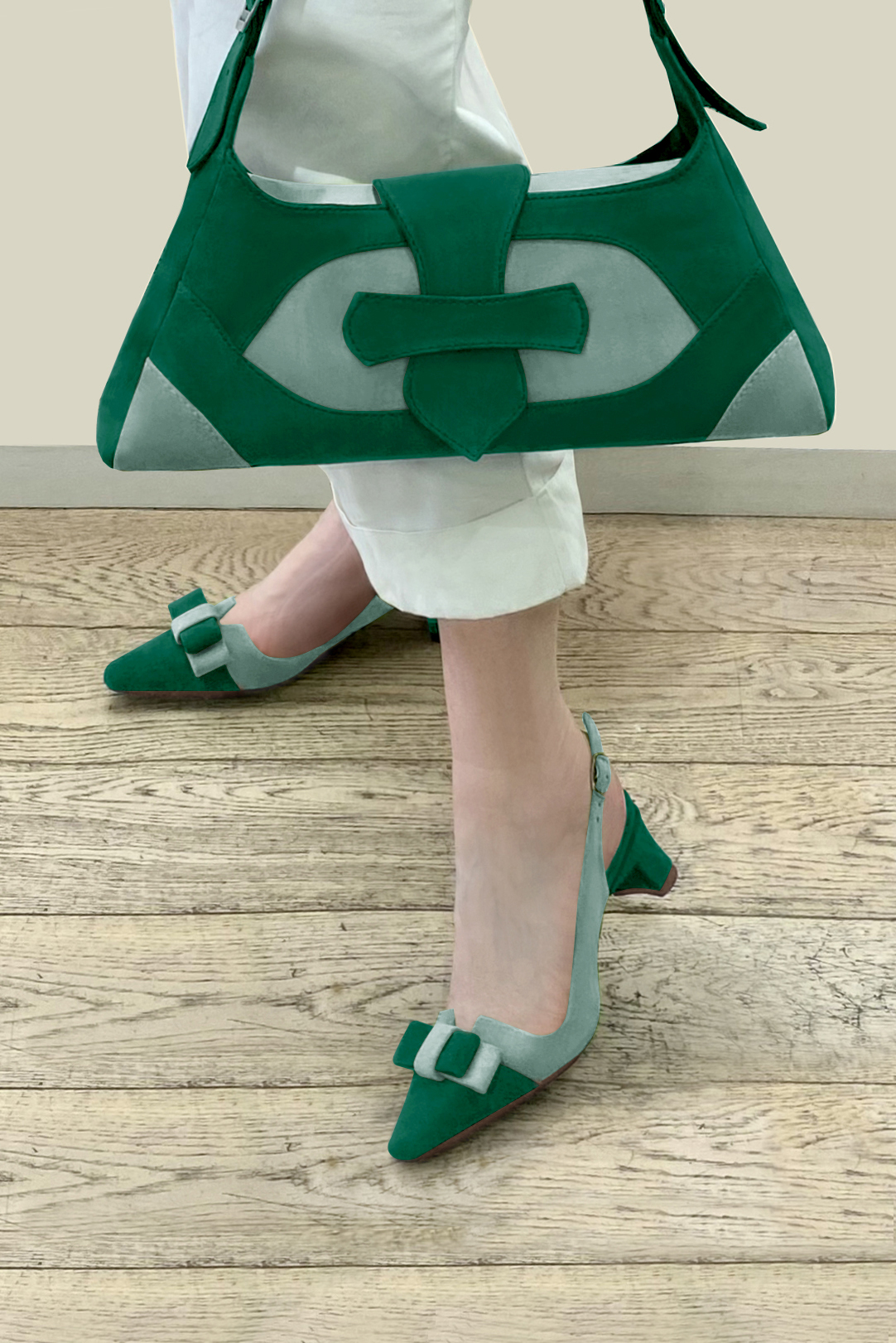 Forest green women's open back shoes, with a knot. Tapered toe. Low kitten heels. Top view - Florence KOOIJMAN